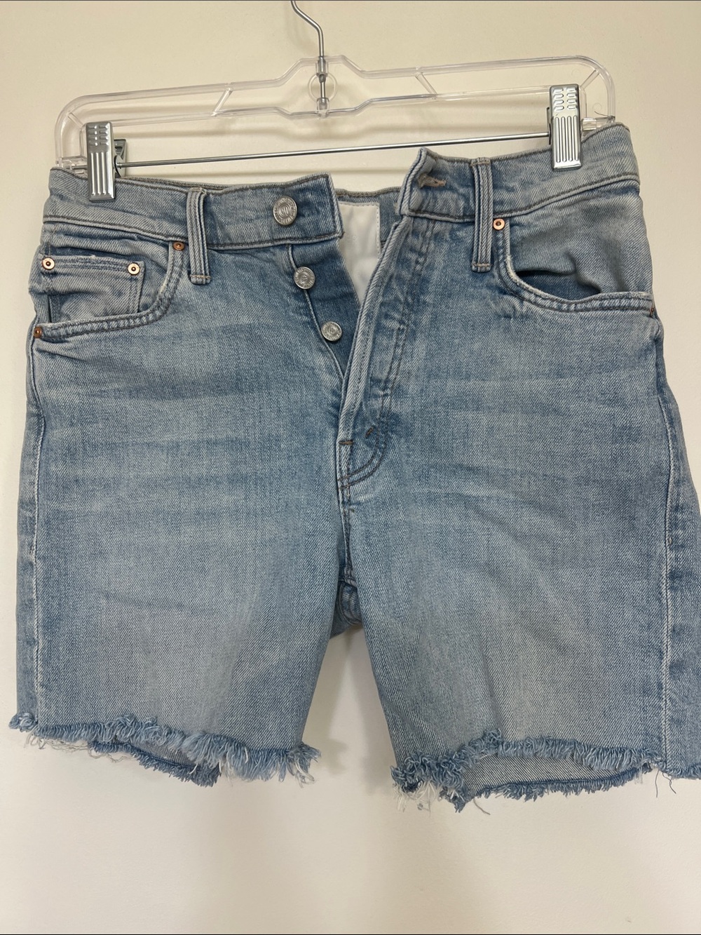 MOTHER Light Blue Denim Frayed Hem Jean Shorts